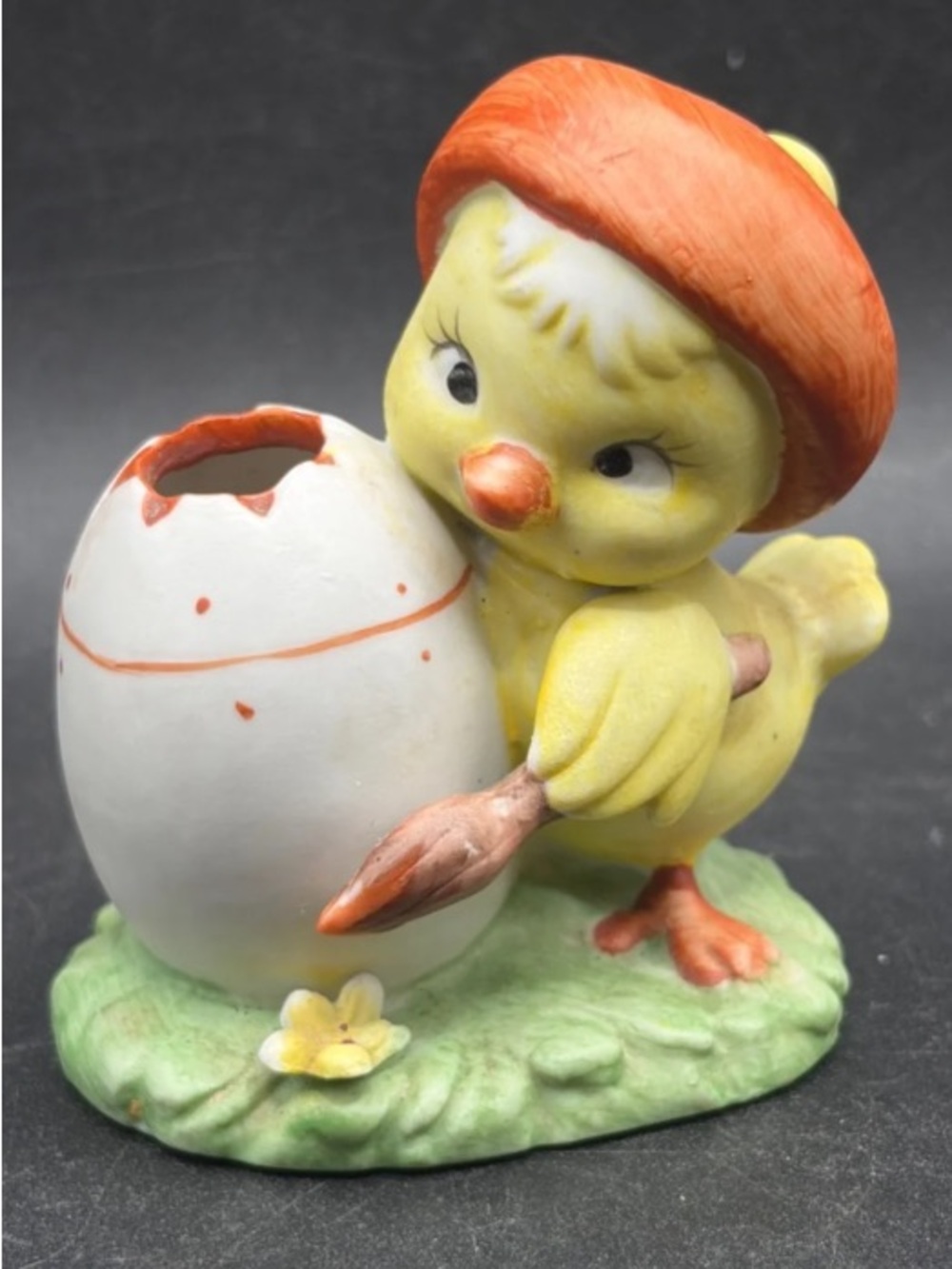 Yellow Chick Ceramic Figurine with Painted Egg - Decorative Bird Accent